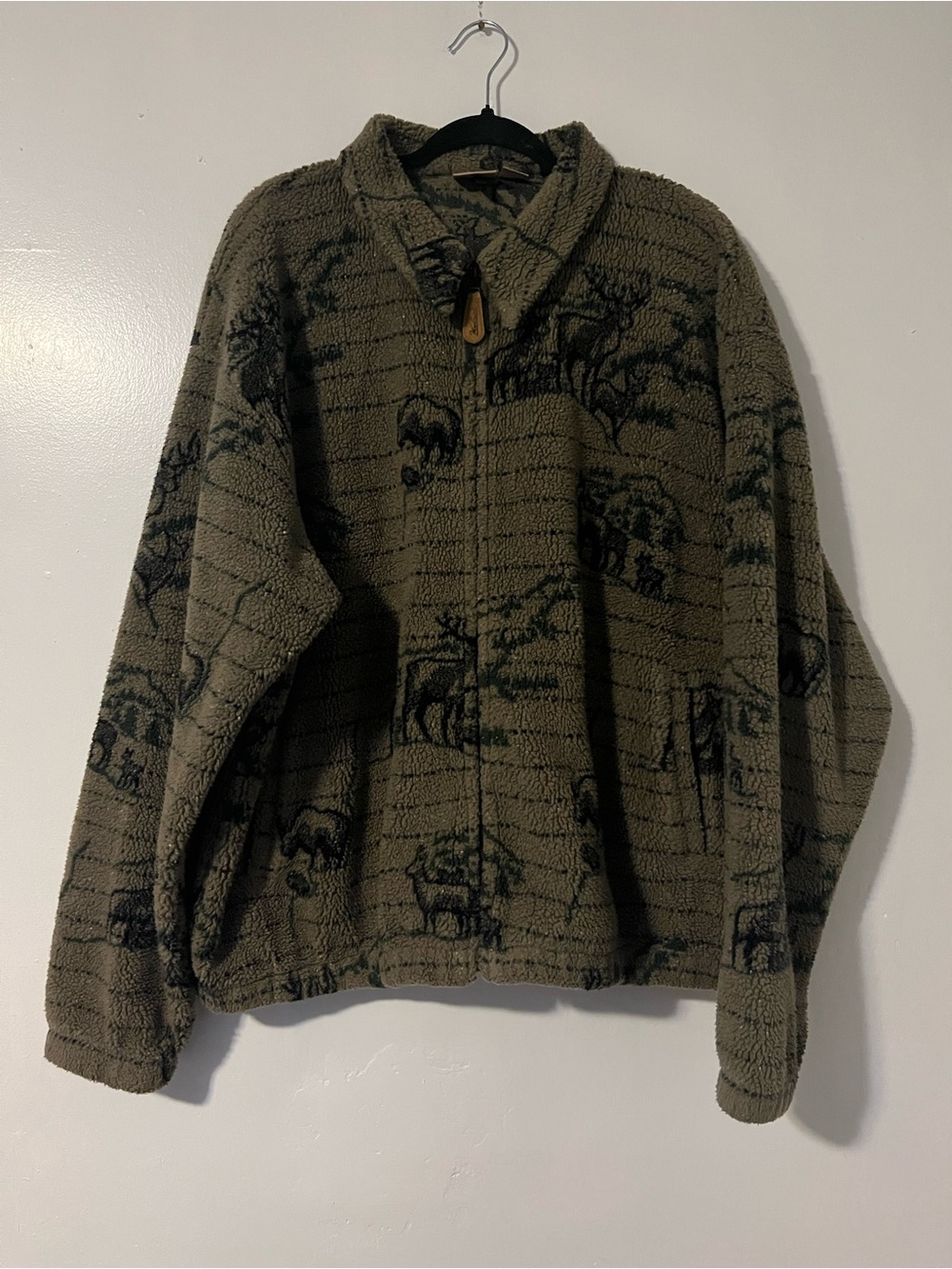 VTG Woolrich Men's Animal Print Full Zip Fleece Jacket Green & Black XL